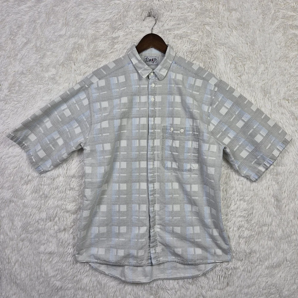 Vtg Tomato Mens XL Gray Plaid Grid Check‎ Hidden Button Up Shirt 90s Y2K Skater